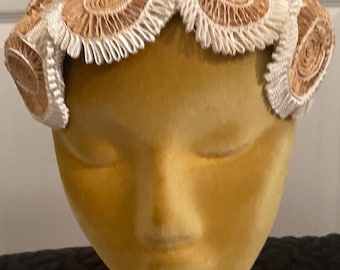 Vintage 50s Casque Hat: Ecru Goldenrod Floral Cocktail Party Hat