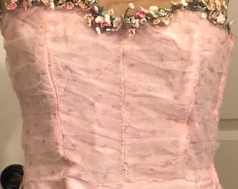 1950s Light Pink Tulle Prom Dress * 50’s Cupcake Dress * 50’s formal Dress * 50s tulle prom dress with flowers * Vintage Prom Dress