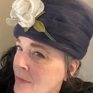 Vintage Navy Pillbox Hat with Ivory rose ~ Navy Tulle PillBox Hat ~ Jackie O Hat