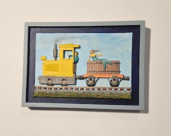 Mermaid Rides the Train in Her Personal Railway Water Car - framed original bas relief painting chalkware sculpture and acrylic paint