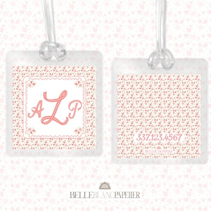 Personalized Custom Pink & Green Pastel Watercolor Floral Bag Tag, Laminated Square Girl School Bag Tag, Luggage Tag, Diaper Bag Tag
