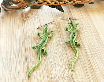 Monitor Lizard Hand Painted Earrings Two Tone Green