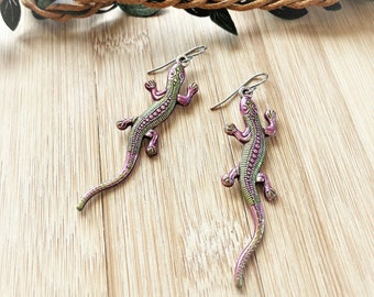 Australian Monitor Lizard Hand Painted Earrings Green Purple