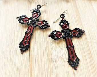 Gothic Black Garnet Red Cross Hand Painted Earrings