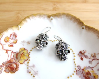 Skull Charm Earrings Aurora Borealis Rhinestone Eyes