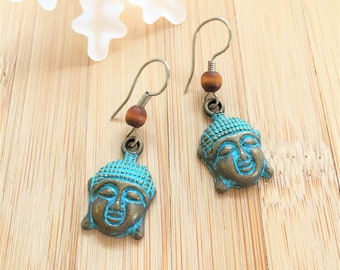 Buddha Earrings Turquoise Hand Painted Wood