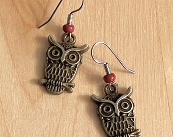 Perched Owl Bronze Earrings Brick Red Glass Beads