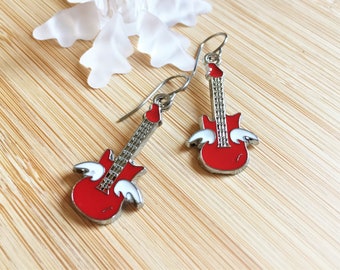 Rocker Angel Wing Red Guitar Earrings