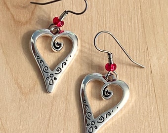 Fancy Heatrt Hoop Earrings Red Beaded Hooks