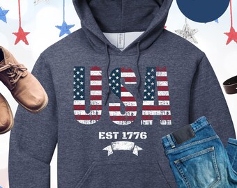 Felpa con cappuccio USA Established 1776, maglietta USA, felpa con cappuccio 4 luglio per uomo, felpa con cappuccio Memorial Day, felpa con cappuccio patriottica per uomo