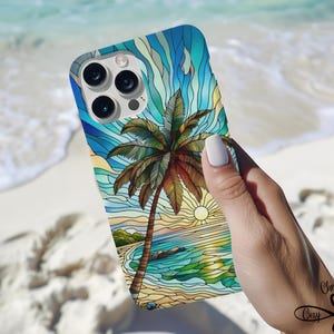 Palm Tree Stained Glass Effect Phone Case, Ocean Waves, Nautical Sunrise Coastal Sunset, Beach Vacation Accessory, iPhone 16 15 Pro Max Plus