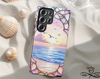 Custodia per telefono con onde oceaniche, vetrata costiera, alba sull'oceano, tramonto nautico, regalo per amanti della spiaggia per Samsung Galaxy S25 S24 S23 Ultra Plus