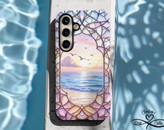 Custodia per telefono con onde oceaniche, vetrata costiera, alba sull'oceano, tramonto nautico, regalo per amanti della spiaggia per Samsung Galaxy S25 S24 S23 Ultra Plus