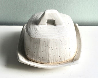 lidded butter dish,square dish, butter container, white butter dish, pottery container, clay serving dish, Canadian pottery