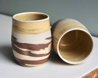 Two Clay Yunomi, 2 pottery wine cups, no handle mugs, wine tumblers, pair of mugs,  yunomi cups, agate cups, ceramic cups, swirled clay