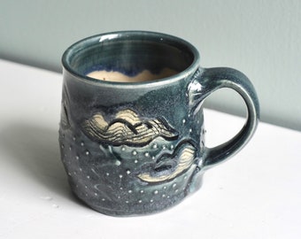 Storm weather mug,rainy clay mug,Rain shower mug,classic blue mug,Heavy storm cup,cloud pattern mug,thunder storm teacup,Canadian pottery