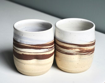 Set of TWO cups,2 Yunomi,Mugs no handle, neutral cups,wine tumblers,espresso cups,striped mugs,pottery cups,spiraled clay cups