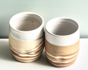 TWO CUPS,set of 2,Pottery Yunomi,clay yunomi,no handle cup, stoneware tumbler,agateware cups, swirled clay mixed clay mugs,thumb print cup