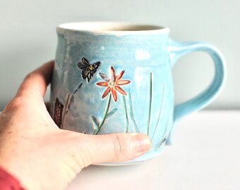 Insect coffee mug,Insects with flowers,honey bee mug,teal mug, outside cup,Canadian ceramics, housewarming gift,new homeowner gift,honey bee