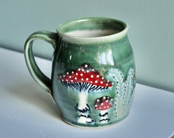 Amanita mug, Woodland cup, mushroom mug, fern, forest lovers mug, amanita muscaria, polka dotted mushroom