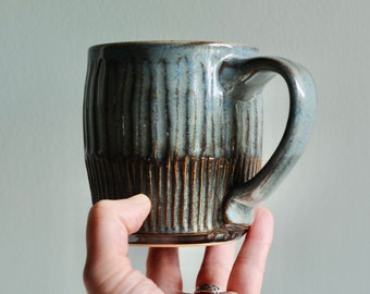 14 oz mug, Father's Day gift,  wheel thrown pottery, Pottery cup, striped clay mug, blue and brown mug, stoneware pottery,Robust mug