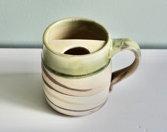Pottery moustache mug,Mustache protector, right handed mug,Clay Beer Stein,white mug, medium mug,Cup for men, large handle mug