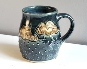 Rain storm mug, bad weather mug, clouds and lightning, wheel thrown cup, ceramic mug,blue clay mug, dark cloud cup,