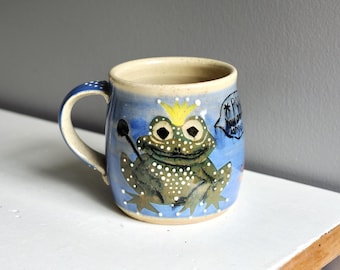 Pottery mug, Gardeners gift,Frog lovers mug, pond life mug, Ribbit mug, three finger handle,Froggy mug, marsh mug, green mug, nature mug