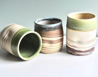 SET OF THREE, 3 cups, Three yunomi cups, agate ware cups, swirled pottery cups, gift for a family, stoneware cups, coloured clay cups