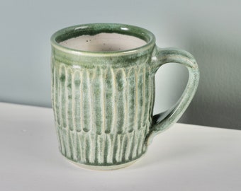 Green Ceramic Mug, Facet mug, moss pottery mug, matte green pottery, carved stripes, large pottery cup,  three finger handle