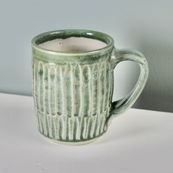 Green Ceramic Mug, Facet mug, moss pottery mug, matte green pottery, carved stripes, large pottery cup,  three finger handle