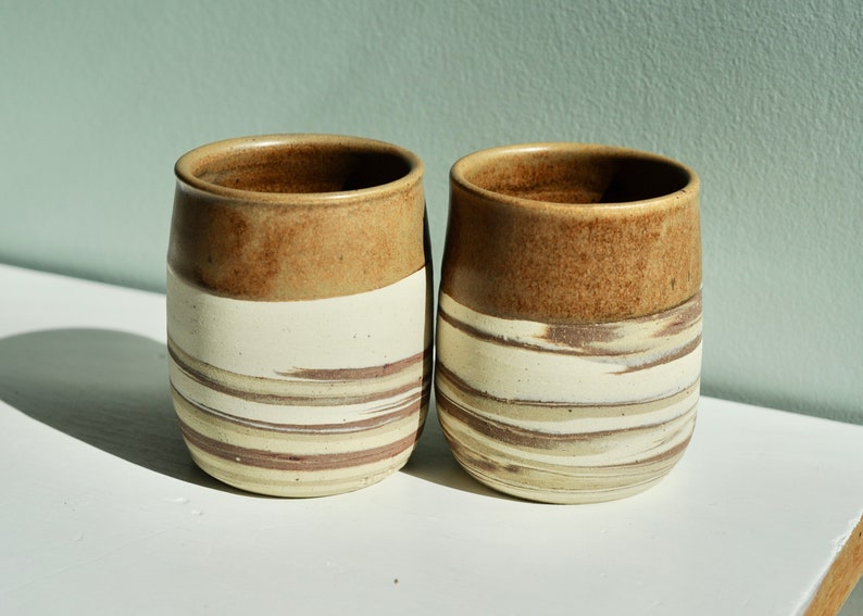 Twin pottery mugs, striped pottery,Gifts for him,For the wine lover,ceramic mugs,pottery tea cups,set of two yunomi,thumb print tumbler image 5