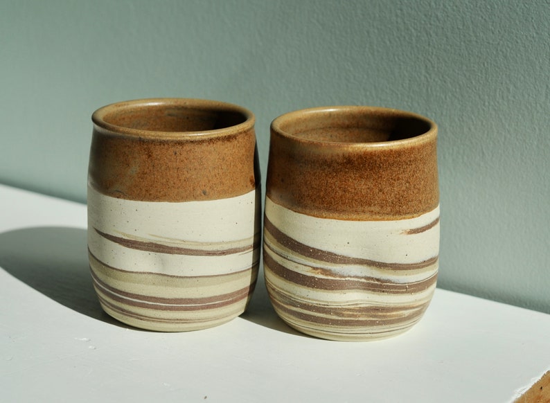 Twin pottery mugs, striped pottery,Gifts for him,For the wine lover,ceramic mugs,pottery tea cups,set of two yunomi,thumb print tumbler image 4