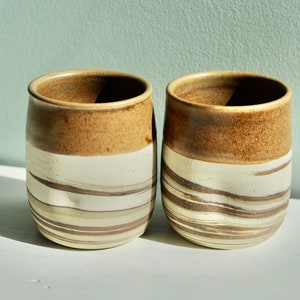 Twin pottery mugs, striped pottery,Gifts for him,For the wine lover,ceramic mugs,pottery tea cups,set of two yunomi,thumb print tumbler image 7