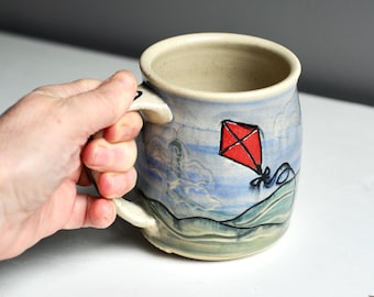 summer kite mug, bright mug, coffee mug, wheel thrown mug, three finger handle, clay teacup, joyful mug