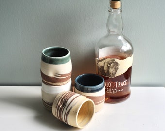 Set of FOUR cups,Whiskey sippers, clay barware,gift for men, bourbon cups, swirled clay cups, handmade set,canadian clay, wine tumblers