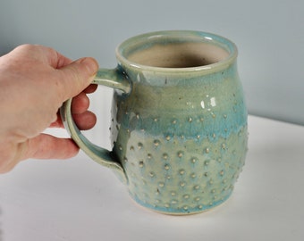 16 oz pottery mug,Teal green mug,pottery tea cup,green ceramic mug, turquoise cup,clay cup,mug and handle,stoneware mug polka dot pottery,