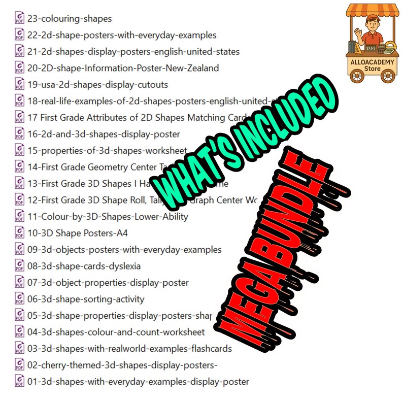 May include: A digital product bundle with educational resources for first grade geometry. The image includes a list of printable PDF resources, such as posters, worksheets, and flashcards. The text "WHAT'S INCLUDED" and "MEGA BUNDLE" are also visible.