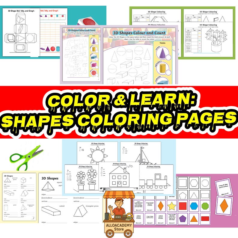 May include: A collection of printable coloring pages featuring 2D and 3D shapes. The pages include various geometric shapes, counting exercises, and coloring activities. The title "COLOR & LEARN: SHAPES COLORING PAGES" is displayed in large, yellow text.