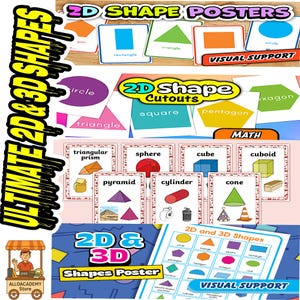 May include: A collection of educational posters and cutouts featuring 2D and 3D shapes. The posters display various geometric figures like triangles, squares, and spheres, with the text "VISUAL SUPPORT" and "MATH". The image also includes the text "ULTIMATE 2D & 3D SHAPES".