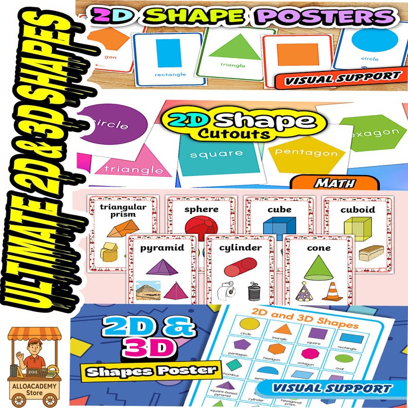 May include: A collection of educational posters and cutouts featuring 2D and 3D shapes. The posters display various geometric figures like triangles, squares, and spheres, with the text "VISUAL SUPPORT" and "MATH". The image also includes the text "ULTIMATE 2D & 3D SHAPES".