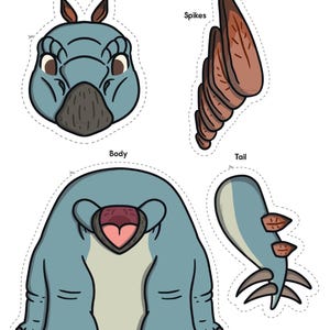 May include: Stegosaurus Cutouts. A set of four dinosaur cutouts: head, spikes, body, and tail. The dinosaur is light blue with brown and pink accents. The text "Stegosaurus Cutouts" is at the top.