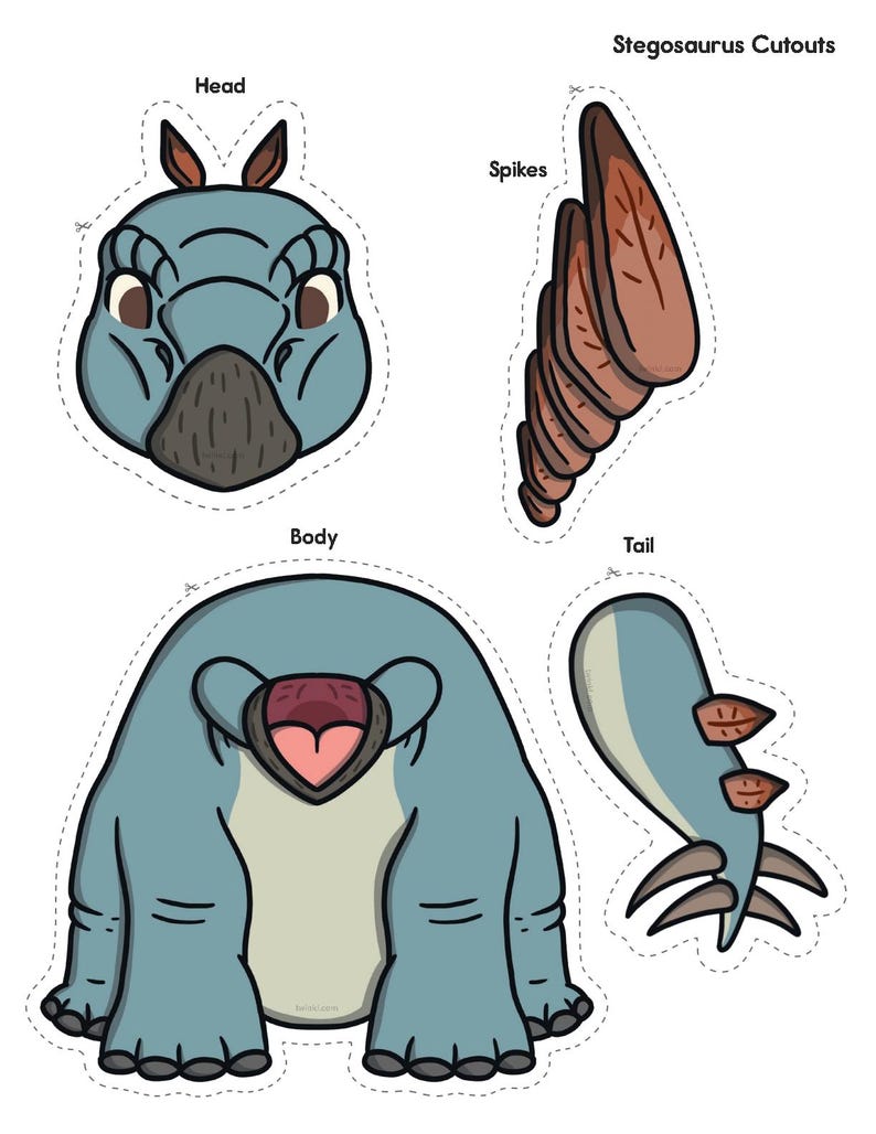 May include: Stegosaurus Cutouts. A set of four dinosaur cutouts: head, spikes, body, and tail. The dinosaur is light blue with brown and pink accents. The text "Stegosaurus Cutouts" is at the top.