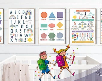 Muted Rainbow Educational Posters: Alphabet, Numbers, Shapes (Digital Download)