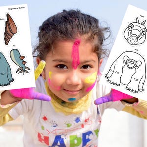 May include: Two sheets of Stegosaurus Cutouts are held up by a child with colorful face paint. The cutouts feature a blue and gray dinosaur with labeled parts: head, spike, body, and tail. The text "Stegosaurus Cutouts" is at the top.