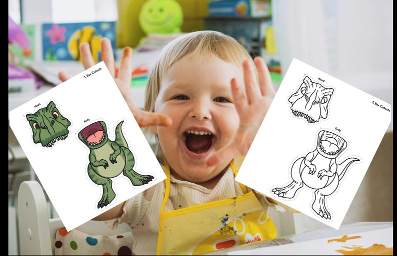 May include: Two white sheets with T-Rex cutouts. One sheet has a green dinosaur head and body, the other has a black and white dinosaur head and body. The child in the image is smiling and has their hands up.