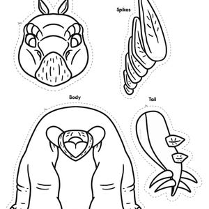 May include: Black and white line art of a Stegosaurus, featuring cutouts of the head, spikes, body, and tail. The head has a detailed face, the body is large and sturdy, and the tail has three leaf-like shapes.