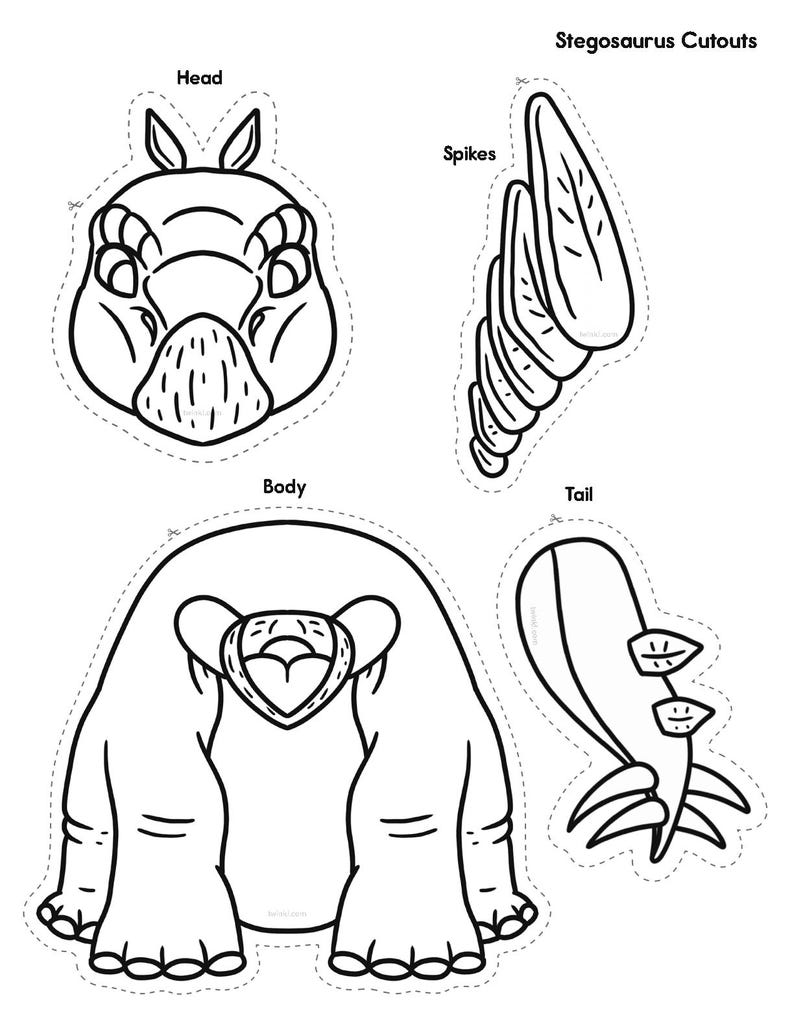 May include: Black and white line art of a Stegosaurus, featuring cutouts of the head, spikes, body, and tail. The head has a detailed face, the body is large and sturdy, and the tail has three leaf-like shapes.