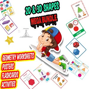 May include: Educational bundle featuring geometry worksheets, posters, flashcards, and activities. Includes 2D and 3D shape cards with examples like cubes, cones, and hexagons. A cartoon girl is featured in the image.