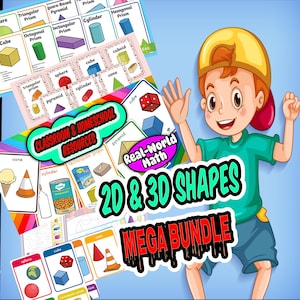 May include: A colorful educational bundle featuring 2D and 3D shapes. The image includes flashcards and posters with geometric shapes like cubes, cones, and pyramids. The text reads "Classroom & Homeschool Resources" and "Real-World Math". A child is smiling in the image.